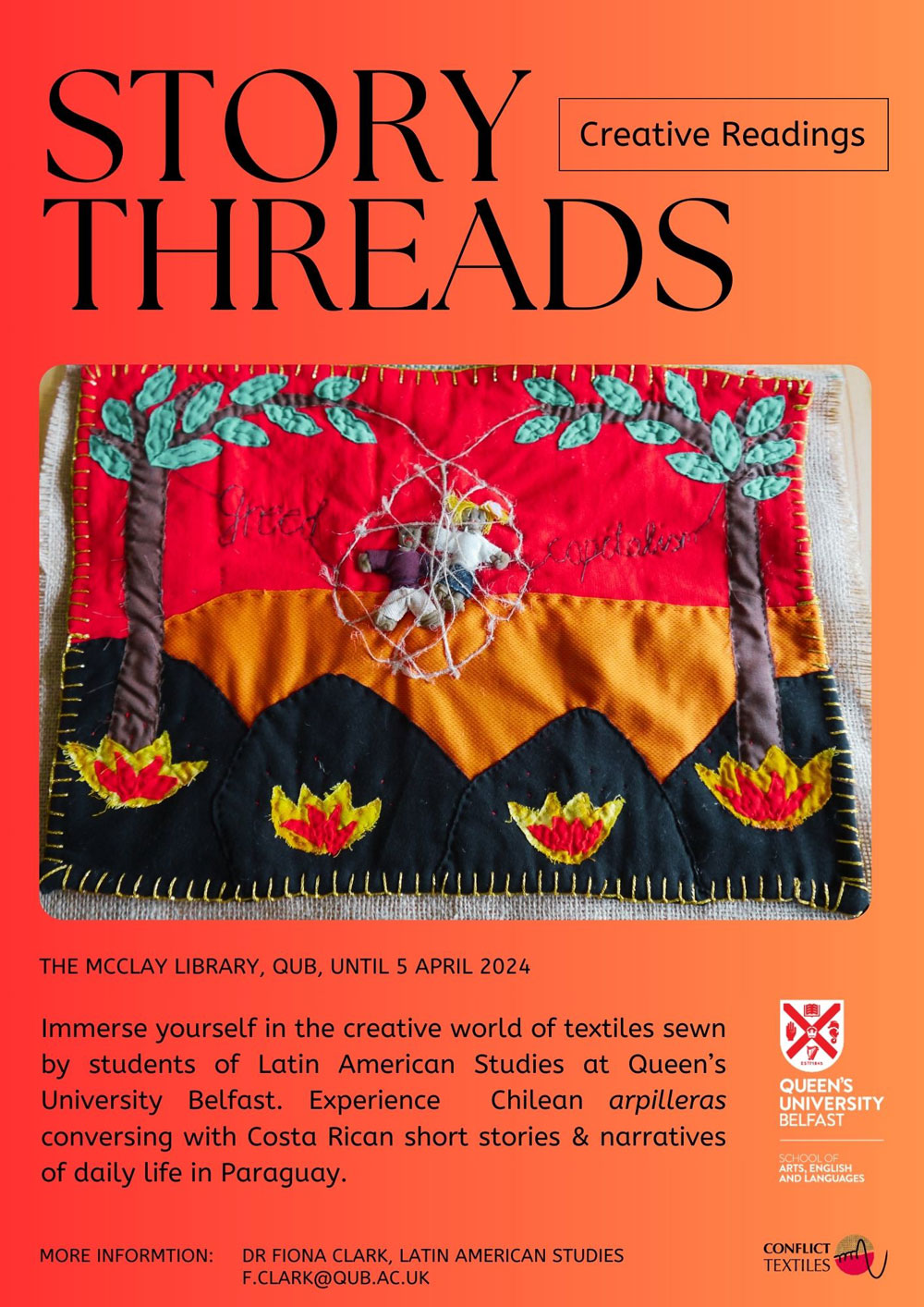 Exhibition poster featuring an arpillera 'Hope remains alive', Anonymous submission, c2012. (Photo: Fiona Clark)
