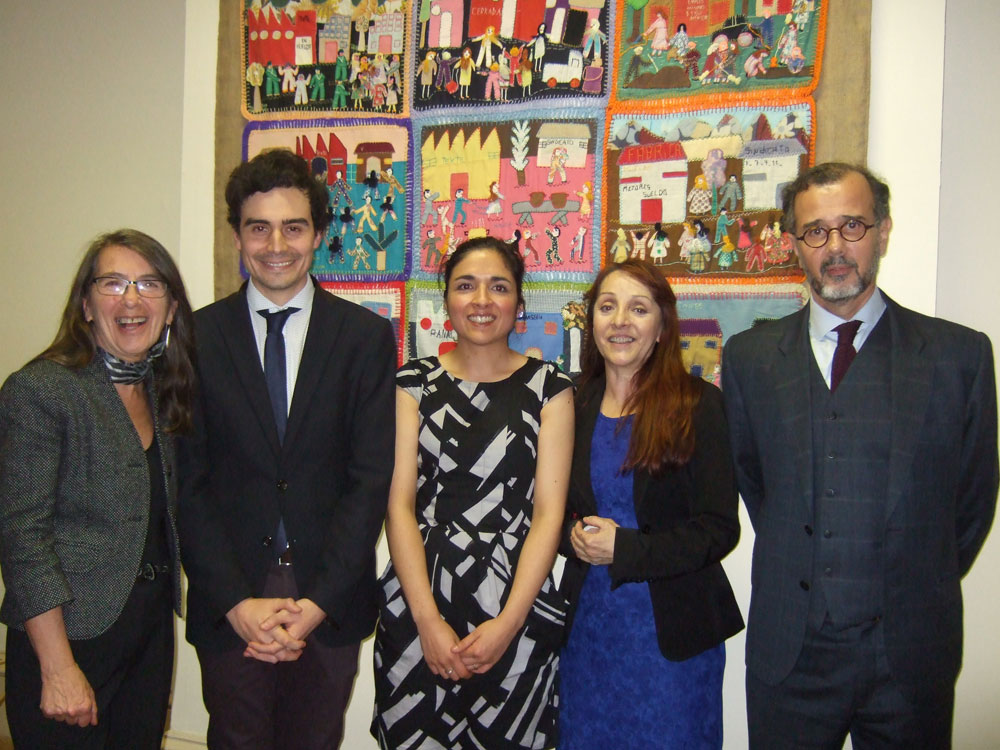(L-R) Curator Roberta Bacic, Chilean Consul Renato Gomez, staff members Ruby Wolleter and
Pilar Gonzalez with Chilean Ambassador Cristián Streeter Nebel, at the exhibition launch in the Embassy of Chile, Dublin, Ireland. (Photo: Breege Doherty)